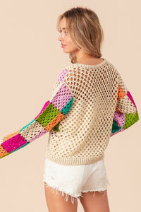 Thumbnail for BiBi Multi Color Checkered Long Sleeve Knit Top