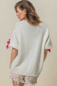 Thumbnail for BiBi Sequin Bow Puff Sleeve Sweater