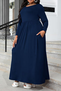 Thumbnail for Plus Size Round Neck Long Sleeve Maxi Dress with Pockets