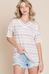 Thumbnail for BOMBOM Striped V-Neck Short Sleeve T-Shirt