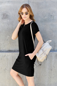 Thumbnail for Basic Bae Bamboo Full Size Round Neck Short Sleeve Dress with Pockets