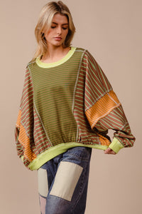 Thumbnail for BiBi Color Block Striped Round Neck Sweatshirt