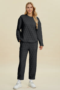 Thumbnail for Double Take Full Size Texture Round Neck Long Sleeve Top and Pants Set