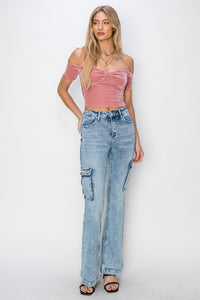 Thumbnail for RISEN Full Size High Rise Cargo Flare Jeans