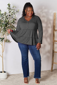 Thumbnail for Double Take Half Button Long Sleeve Ruffle Hem Blouse