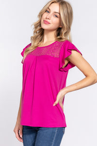 Thumbnail for ACTIVE BASIC Ruffle Short Sleeve Lace Detail Knit Top