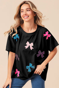 Thumbnail for BiBi Sequin Bow Patch Short Sleeve T-Shirt