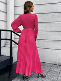 Thumbnail for V-Neck Tie Waist Pleated Maxi Dress