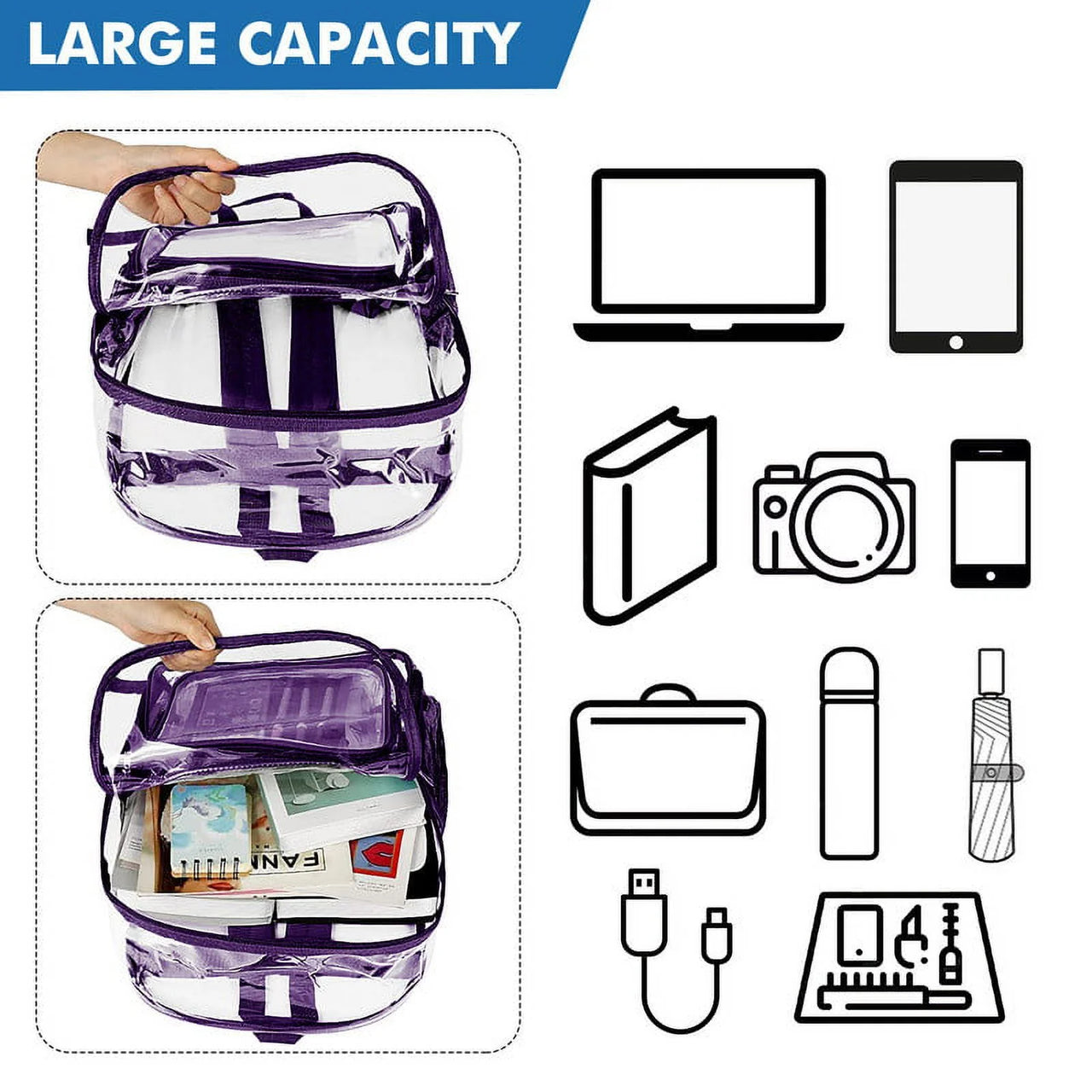 Clear Backpack Heavy Duty Stadium Approved PVC Transparent Backpacks for Kids Adults Clear School Bookbag with Reinforced Strap for School, Travel, Purple