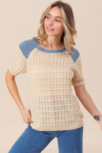 Thumbnail for BiBi Textured Contrast Short Sleeve Sweater