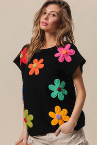 Thumbnail for BiBi Flower Round Neck Cap Sleeve Knit Top