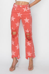 Thumbnail for RISEN Full Size Distressed Raw Hem Star Pattern Jeans