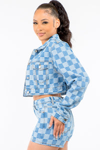 Thumbnail for American Bazi Checkered Long Sleeve Cropped Denim Jacket