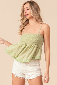 Thumbnail for BiBi Fringed Hem Smocked Cami