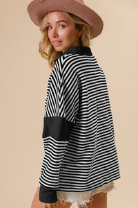 Thumbnail for BiBi Striped Contrast Long Sleeve Knit Top