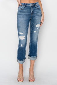 Thumbnail for RISEN Full Size Cuffed Ankle Distressed Straight Jeans