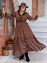 Thumbnail for Plus Size V-Neck Ruffle Trim Maxi Dress