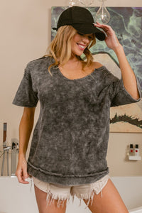 Thumbnail for BiBi Washed Notched Short Sleeve Top