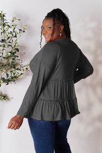 Thumbnail for Double Take Half Button Long Sleeve Ruffle Hem Blouse