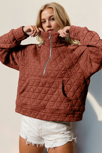 Thumbnail for Double Take Half Zip Long Sleeve Quilted Sweatshirt with Pocket