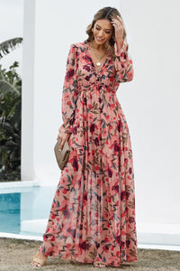 Thumbnail for Floral Frill Trim Flounce Sleeve Plunge Maxi Dress