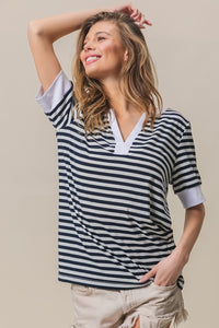 Thumbnail for BiBi Contrast Striped Notched Knit Top