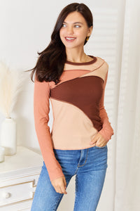 Thumbnail for Double Take Color Block Exposed Seam Long Sleeve Top