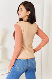 Thumbnail for Double Take Color Block Exposed Seam Long Sleeve Top