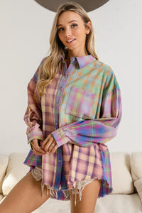 Thumbnail for BiBi Plaid Color Block Button Up Shirt