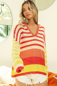 Thumbnail for BiBi Striped Color Block Hooded Knit Top