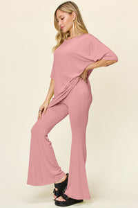 Thumbnail for Double Take Full Size Round Neck Drop Shoulder T-Shirt and Flare Pants Set