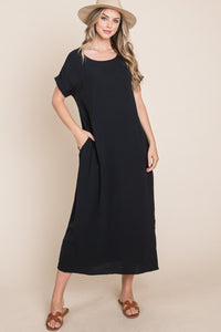 Thumbnail for BOMBOM Round Neck Short Sleeve Midi Dress with Pockets