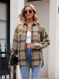 Thumbnail for Mandy Pocketed Plaid Collared Neck Long Sleeve Shirt