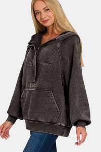 Thumbnail for Zenana Acid Wash Fleece Kangaroo Hoodie