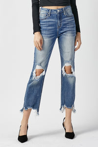 Thumbnail for RISEN High Waist Distressed Frayed Hem Cropped Straight Jeans