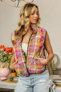 Thumbnail for BiBi Quilted Washed Plaid Snap Down Vest