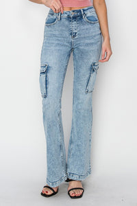 Thumbnail for RISEN Full Size High Rise Cargo Flare Jeans