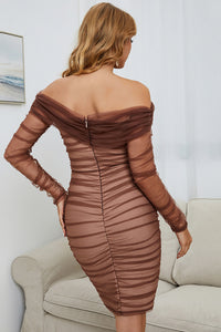 Thumbnail for Off-Shoulder Ruched Long Sleeve Tulle Dress