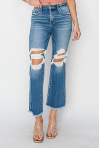 Thumbnail for RISEN Mid Rise Distressed Cropped Flare Jeans