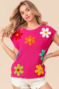 Thumbnail for BiBi Flower Round Neck Cap Sleeve Knit Top