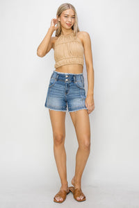 Thumbnail for RISEN High Rise Seam Detailed Raw Edge Denim Shorts