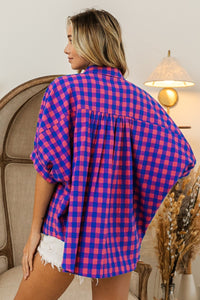 Thumbnail for BiBi Plaid Button Up Dolman Sleeve Shirt