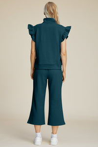 Thumbnail for Double Take Full Size Texture Ruffle Short Sleeve Top and Wide Leg Pants Set