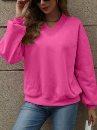 Thumbnail for V-Neck Long Sleeve Dropped Shoulder Sweatshirt