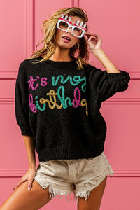 Thumbnail for BiBi Metallic Letter Puff Sleeve Hairy Sweater