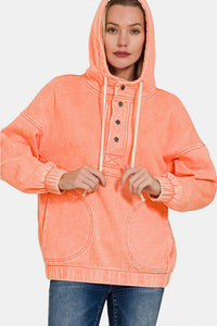 Thumbnail for Zenana Drawstring Half Snap Dropped Shoulder Hoodie