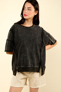 Thumbnail for VERY J Round Neck Exposed Seam Slit T-Shirt