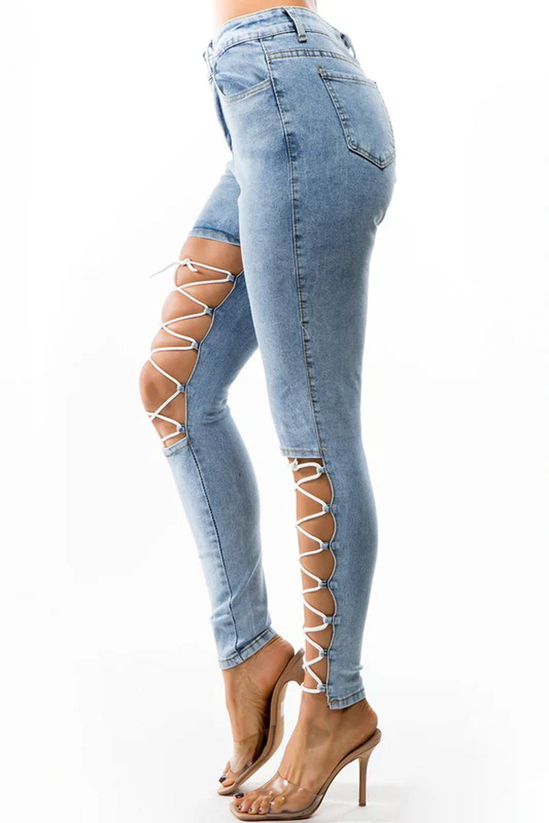 Crisscross Strap Denim Cut Skinny Jeans