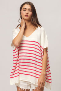 Thumbnail for BiBi V Neck Striped Short Sleeve Top