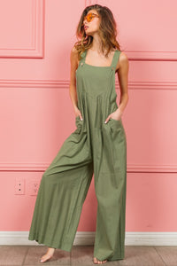 Thumbnail for BiBi Ruched Wide Leg Overalls with Pockets